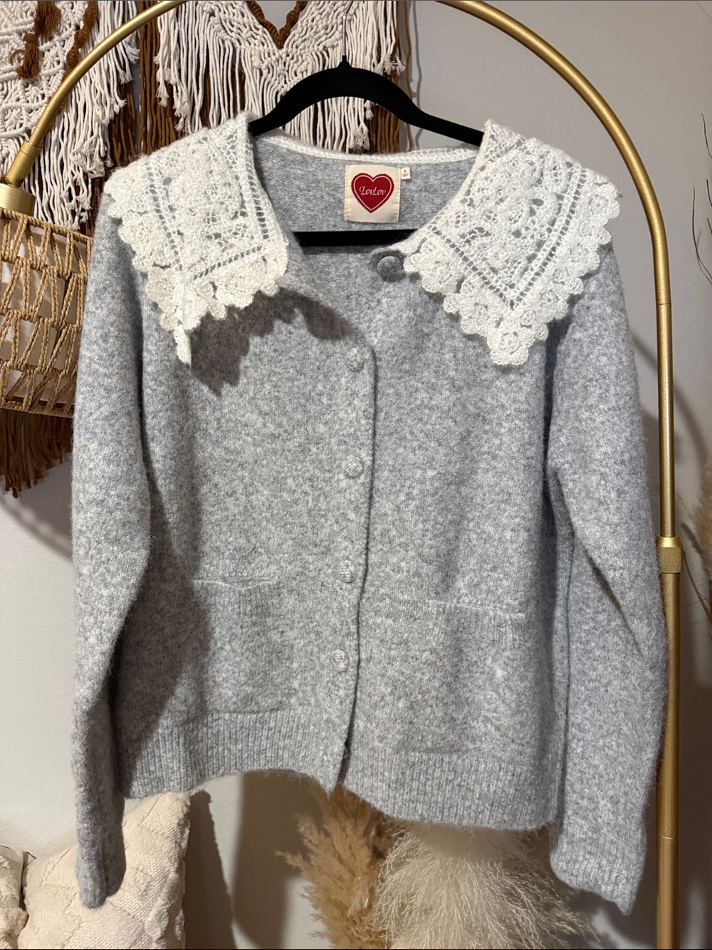 Light Gray Knit Cardigan with Crochet Lace Collar